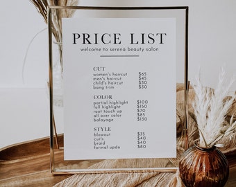 Minimalist Small Business Price List Template, Beauty Salon Price List, Printable Pricing Sheet, Custom Price List, Editable Price | SERENA