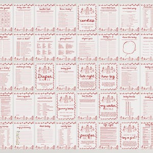 May include: A set of baby shower game cards with red text and illustrations on a white background. Games include "Baby Bingo," "Guess the Sweet Mess," and "Diaper Raffle." The cards are decorated with a floral border.