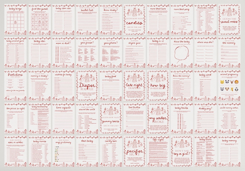 May include: A set of baby shower game cards with red text and illustrations on a white background. Games include "Baby Bingo," "Guess the Sweet Mess," and "Diaper Raffle." The cards are decorated with a floral border.