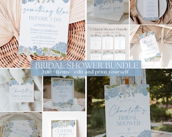 Op de afbeelding: Een bruidsdouchepakket met diverse briefpapierartikelen met een blauw en wit bloemendesign. De bundel bevat uitnodigingen, bedankkaarten, menukaarten, spelletjes en borden. De tekst bevat "something blue" en "Bridal Shower Bundle".