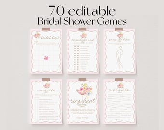 May include: A collection of six printable bridal shower games. Each game card has a pink border and is held in place with a wooden clip. The text "70 editable Bridal Shower Games" is at the top.