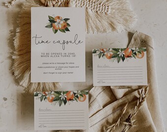 Puede incluir: Tarjetas de cápsula del tiempo con ilustraciones de flores de azahar. Las tarjetas tienen líneas para escribir mensajes y un espacio para firmar tu nombre. El texto en las tarjetas dice "Para abrir en 2040, cuando Alexa cumpla 18 años!" y "Querida Alexa..."