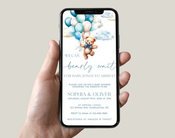 Blue Bear Baby Shower Evite, Balloon Phone Invite (Digital)