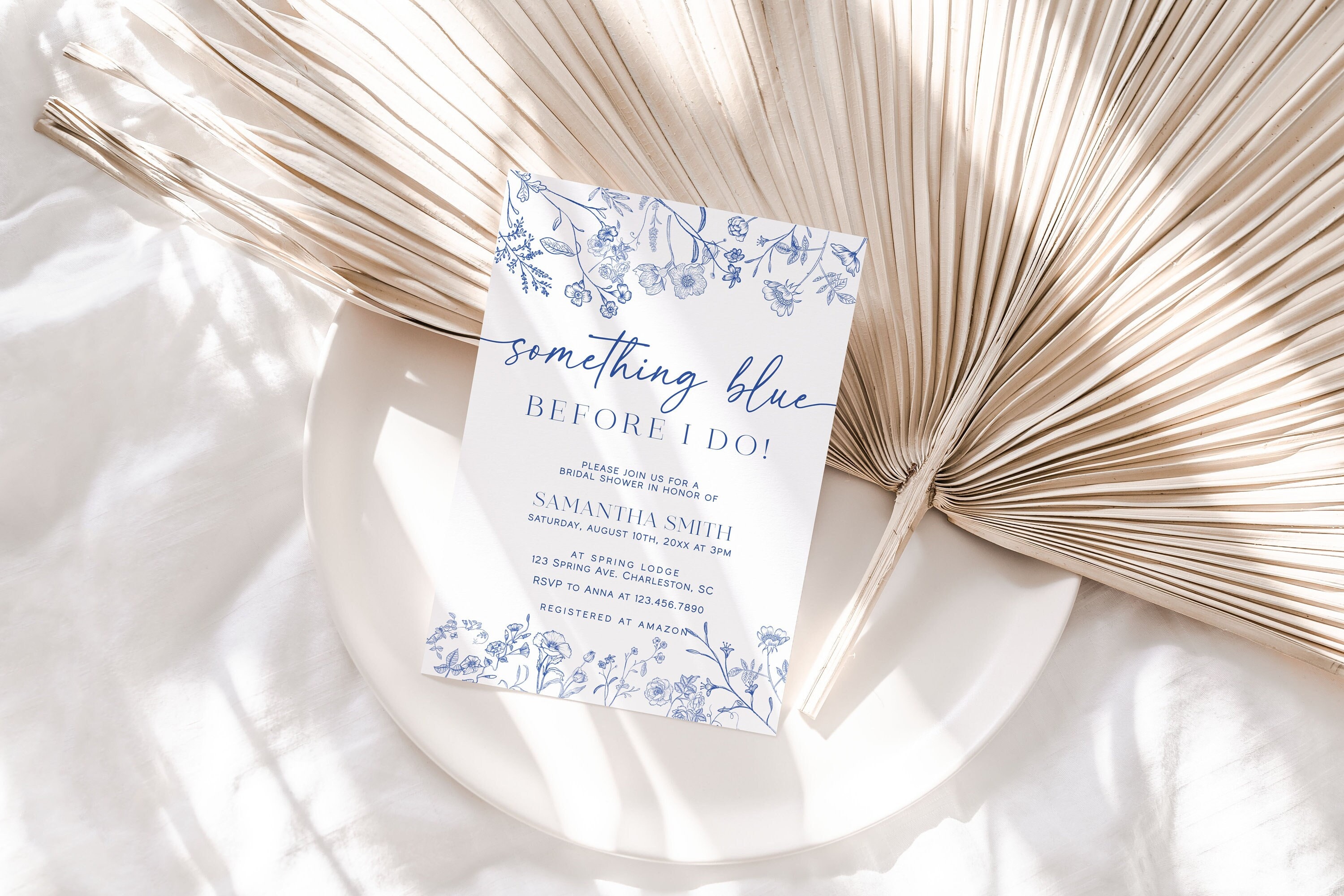 Something Blue Bridal Shower Invitation Template, Vintage Blue Floral Bridal Shower Invite, Chinoiserie Bridal Shower Invitation | LIV