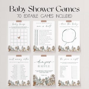 May include: A set of printable baby shower games with a woodland theme. The games include "Baby Bingo", "Guess Who Said It: Mom or Dad?", "Draw the Baby", "Would Mommy Rather", "Diaper Raffle", and "The Price is Right".