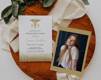 May include: A white graduation party invitation card with a gold caduceus symbol, the text 'RN', 'please join us for a GRADUATION PARTY', 'in honor of Emma Parker', '06.15.2023 | 3:00pm', and a gold glitter bottom, paired with a photo of a person.