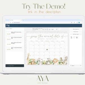 May include: A digital mockup of a printable baby shower game. The game is a calendar with the text "guess the arrival date of baby Sophia". The calendar is decorated with a jungle theme with animals such as a giraffe, lion, and zebra.