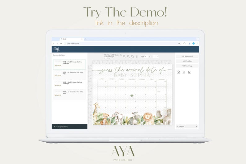 May include: A digital mockup of a printable baby shower game. The game is a calendar with the text "guess the arrival date of baby Sophia". The calendar is decorated with a jungle theme with animals such as a giraffe, lion, and zebra.