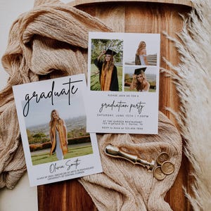 May include: Two white rectangular graduation announcement cards featuring photos of a graduate in a cap and gown. The text includes graduate, Olivia Smith, Class of 2023, Bachelor of Arts in Psychology, University of Central Florida, and party details.