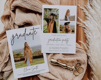 May include: Two white rectangular graduation announcement cards featuring photos of a graduate in a cap and gown. The text includes graduate, Olivia Smith, Class of 2023, Bachelor of Arts in Psychology, University of Central Florida, and party details.