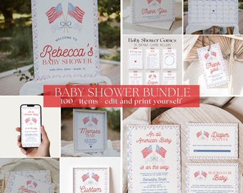 All American Baby Shower Invitation Bundle, 4th of July Baby Shower Bundle Template, Summer Patriotic Baby Shower Decorations, Made in | USA