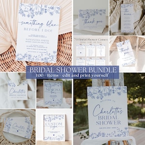 May include: A selection of blue and white bridal shower stationery, featuring invitations, thank you cards, menu cards, and signs. The designs incorporate floral patterns and elegant fonts. The text includes "Bridal Shower Bundle" and "100+ items edit and print yourself."