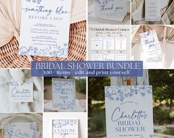 Lot de faire-part Shower nuptiale quelque chose de bleu, Lot de faire-part pour shower de bébé à fleurs bleues, Lot de faire-part nuptiale de couleur bleue à thème chinoiserie | LIV