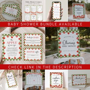 May include: A set of printable baby shower decorations with a red apple and green gingham pattern. The decorations include a welcome sign, a diaper raffle card, a book request card, a thank you card, a custom sign, and a calendar for guests to guess the baby's arrival date. The text on the welcome sign reads "Welcome to Olivia's Baby Shower".