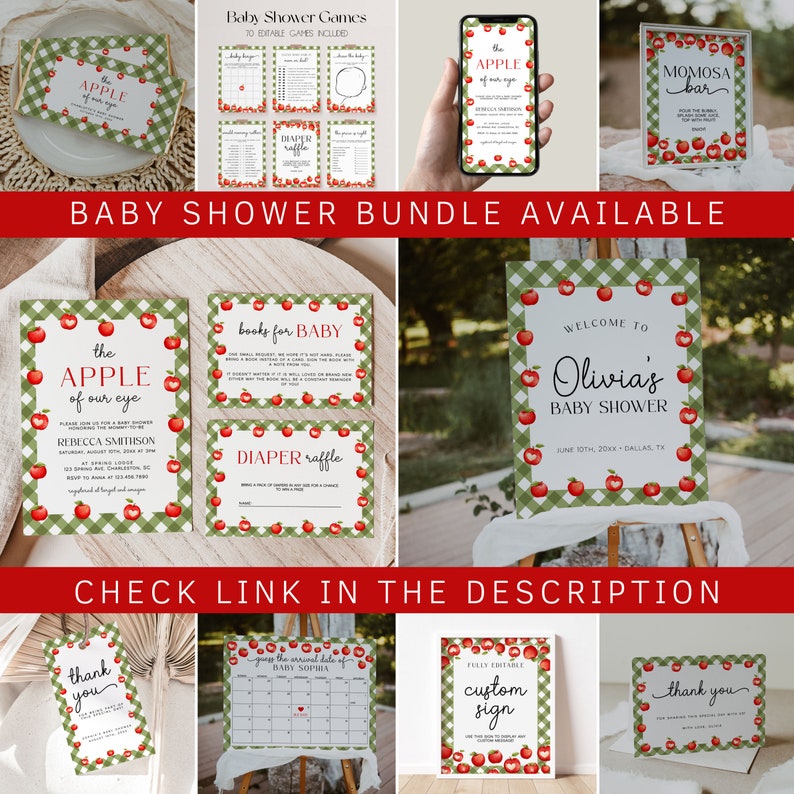 May include: A set of printable baby shower decorations with a red apple and green gingham pattern. The decorations include a welcome sign, a diaper raffle card, a book request card, a thank you card, a custom sign, and a calendar for guests to guess the baby's arrival date. The text on the welcome sign reads "Welcome to Olivia's Baby Shower".