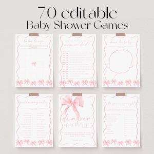70 Baby Shower Games, Pink Bow Baby Shower Game Bundle, Pink Coquette Baby Shower Bundle, Baby Party Games, Pastel Pink Baby Games | BOW image 1