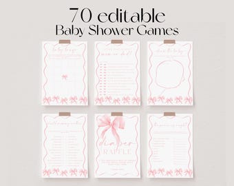 70 Baby Shower Games, Pink Bow Baby Shower Game Bundle, Pink Coquette Baby Shower Bundle, Baby Party Games, Pastel Pink Baby Games | BOW