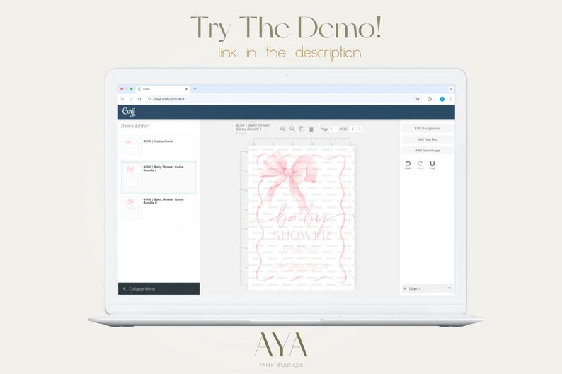 May include: A laptop displays a baby shower invitation design with a pink bow and the words "baby shower". The screen also shows the text "Try The Demo!" and "link in the description". The laptop is on a light beige background.
