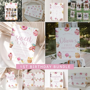 Sweet One First Birthday Invitation Bundle, Pastel Sweets 1st Birthday Invitation Template, Sweet Girl 1st Birthday Decorations | CANDY