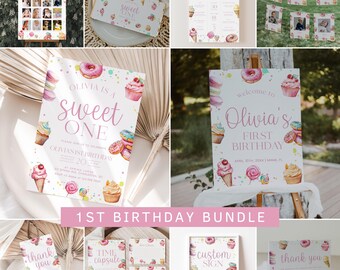 Sweet One First Birthday Invitation Bundle, Pastel Sweets 1st Birthday Invitation Template, Sweet Girl 1st Birthday Decorations | CANDY