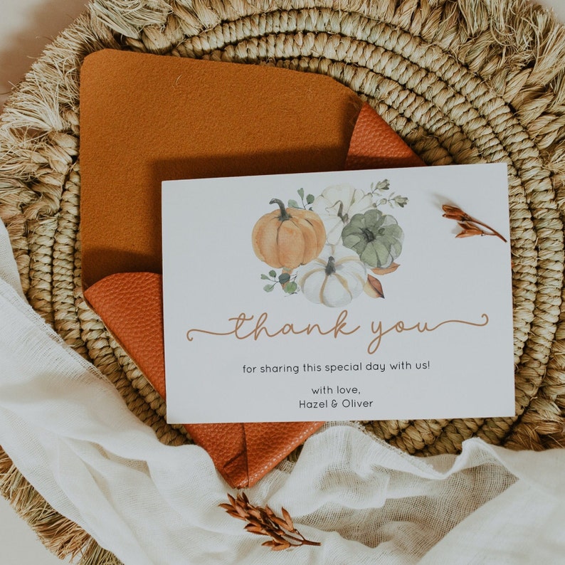 Pumpkin Thank You Cards Template, Fall Thank You Card Printable, Autumn Shower Thank You, Rustic Baby Shower Thank You Cards Editable HAZEL image 3
