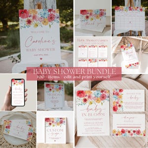 Baby in Bloom Baby Shower Bundle Template, Spring Flowers Baby Shower Invitation Bundle, Wildflower Baby Shower Decorations | SOFIA