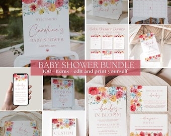 Baby in Bloom Baby Shower Bundle Template, Spring Flowers Baby Shower Invitation Bundle, Wildflower Baby Shower Decorations | SOFIA