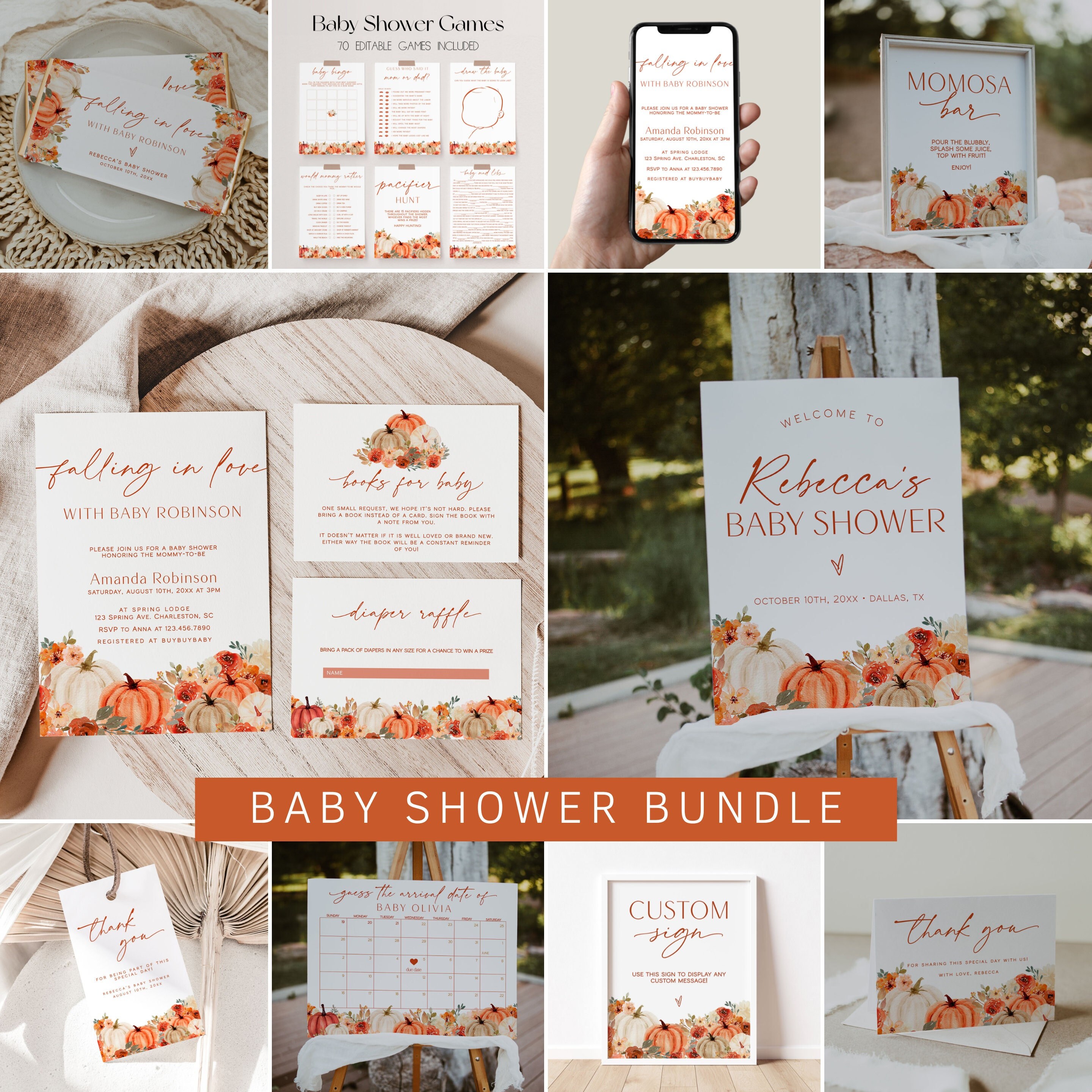 Little Pumpkin Baby Shower Bundle Template, Falling in Love Baby Shower Invitation Bundle, Fall Floral Baby Shower Decorations | DORA