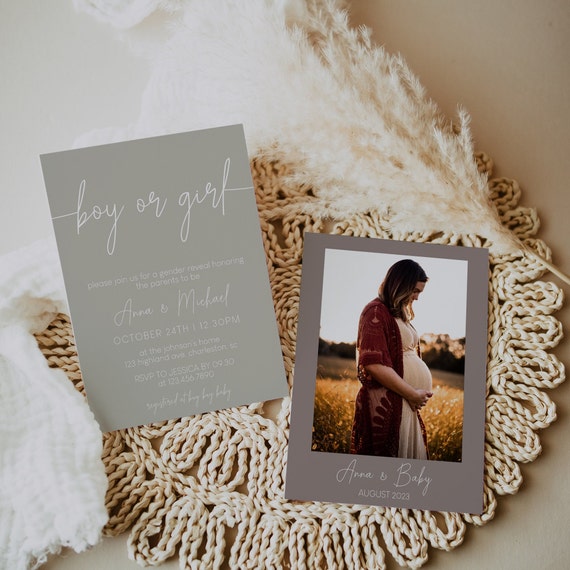 Minimalist Gender Reveal Invitation Template, Modern Neutral Party Invite (Digital Download)