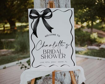 She's Tying The Knot Bridal Shower Welcome Sign Template, Black Bow Bridal Shower Welcome Poster, Ribbon Coquette Welcome Sign Poster | NOIR