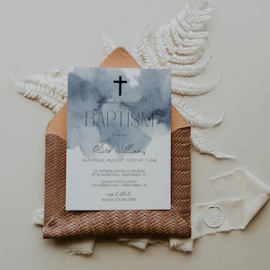 Blue Baptism Invitation Template, Watercolor Blue Christening Invitation Printable, Boy Baptism Invite, Baptism Photo Invitation | GREY