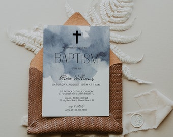 May include: A blue watercolor baptism invitation with a white cross and the text "Please join us for the Baptism of our son Oliver Williams. Saturday, August 10th at 11am. St. Patrick Catholic Church 3716 Garden Ave | Miami Beach, FL. Lunch to follow at 123 Highland Ave | Miami Beach, FL. rsvp & details Anna at 123.456.7890"