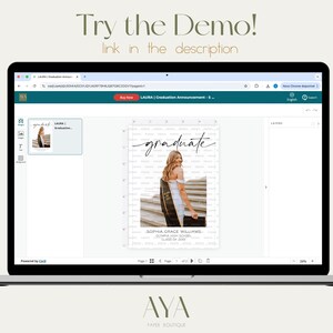 May include: A laptop screen displaying a website with a graduation announcement template. The template features a photo of a woman in a graduation gown and the text "graduate". The website is titled "LAURA | Graduation Announcement - 5_" and is powered by Canva.