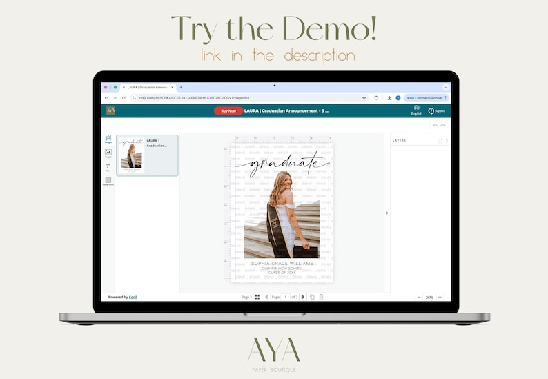 May include: A laptop screen displaying a website with a graduation announcement template. The template features a photo of a woman in a graduation gown and the text "graduate". The website is titled "LAURA | Graduation Announcement - 5_" and is powered by Canva.