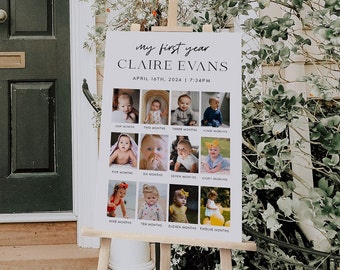 Modelo de placa de foto de primeiro aniversário, placa de foto moderna de primeiro aniversário, pôster de primeiro ano do bebê, placa de colagem de fotos de primeiro aniversário | CLARA