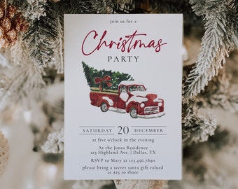 Christmas Party Invitation Template, Red Truck Christmas Invitation, Rustic Christmas Invitation Editable, Holiday Party Invite | JOY