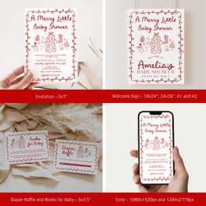 May include: A collection of baby shower stationery in red and white. The set includes invitations, a welcome sign, diaper raffle cards, and a books for baby card. The invitation is 12.7 x 17.8 cm.