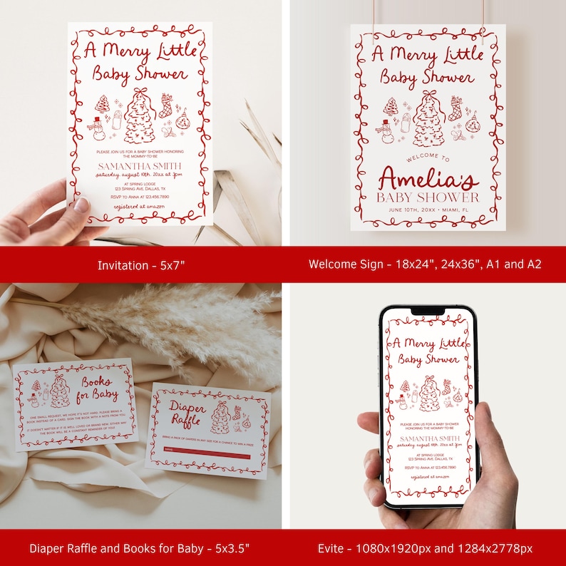 May include: A collection of baby shower stationery in red and white. The set includes invitations, a welcome sign, diaper raffle cards, and a books for baby card. The invitation is 12.7 x 17.8 cm.