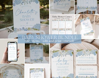 May include: A baby shower bundle featuring various stationery items with a blue and white floral design. Includes signs, invitations, games, and thank you cards. The text includes "Welcome to Charlotte's Baby Shower", "Baby in Bloom", and "Baby Shower Games".