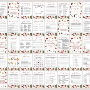 以下が含まれることがあります： クリスマスをテーマにしたベビーシャワーゲームカードのコレクション。各カードには「How Big is Her Belly?」や「Diaper Raffle」などのタイトルで、異なるゲームが記載されています。カードは白地で、赤と緑のアクセントが施されています。
