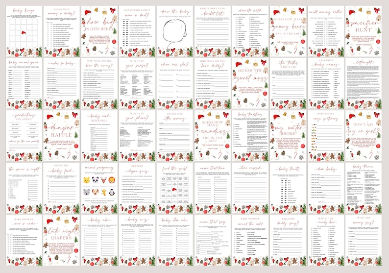 以下が含まれることがあります： クリスマスをテーマにしたベビーシャワーゲームカードのコレクション。各カードには「How Big is Her Belly?」や「Diaper Raffle」などのタイトルで、異なるゲームが記載されています。カードは白地で、赤と緑のアクセントが施されています。