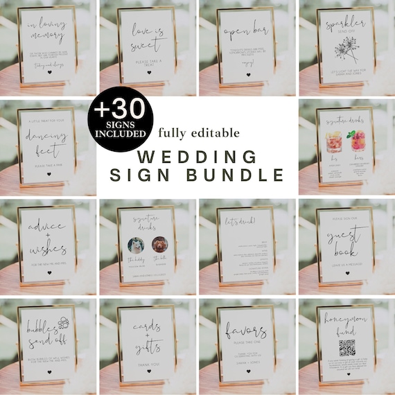 Minimalist Wedding Sign Bundle, Modern Script, Instant Download