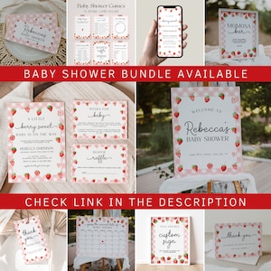 Peut inclure: Un lot imprimable pour une f&ecirc;te pr&eacute;natale sur le th&egrave;me de la fraise. Le lot comprend des invitations, des jeux, des pancartes et des cartes de remerciement. Le texte sur l'invitation est "A little berry sweet baby is on the way".