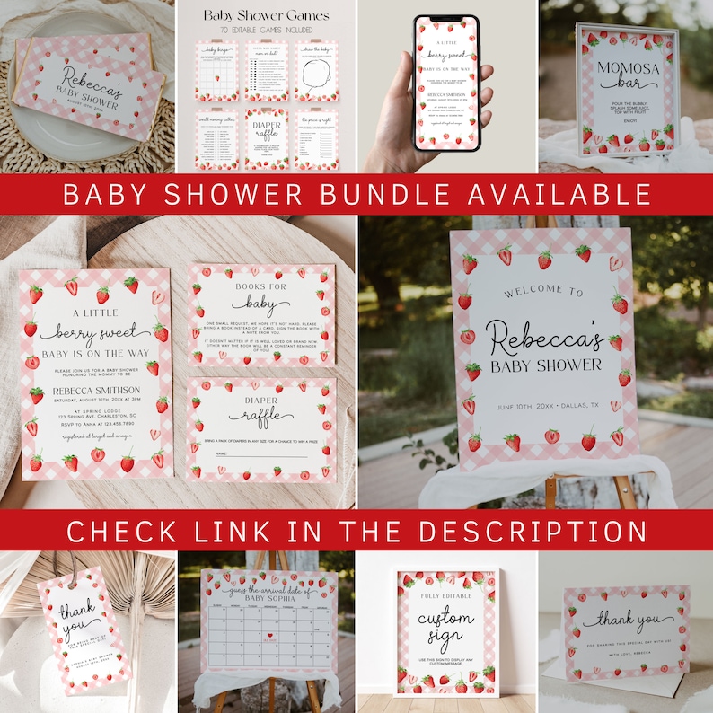 Peut inclure: Un lot imprimable pour une f&ecirc;te pr&eacute;natale sur le th&egrave;me de la fraise. Le lot comprend des invitations, des jeux, des pancartes et des cartes de remerciement. Le texte sur l'invitation est "A little berry sweet baby is on the way".