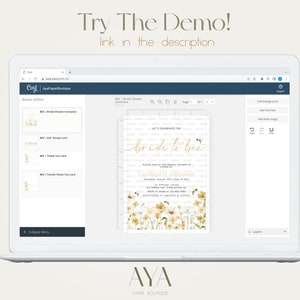 Pu&ograve; includere: Uno schermo di laptop che mostra un sito web con un editor di demo per un invito a tema sposa. L'invito presenta un design floreale con api e il testo "Let's Celebrate the bride to bee".