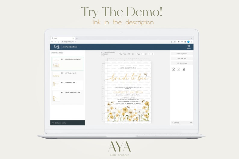 Pu&ograve; includere: Uno schermo di laptop che mostra un sito web con un editor di demo per un invito a tema sposa. L'invito presenta un design floreale con api e il testo "Let's Celebrate the bride to bee".