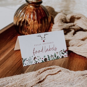 Modello di biglietto per buffet di Natale, etichetta alimentare per le vacanze, carta alimentare per la vegetazione invernale, carte per tende alimentari, etichette alimentari, etichette alimentari per baby shower / NOEL