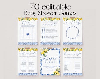 70 Baby Shower Games, Mediterranean Lemon Baby Shower Game Bundle, Italian Blue Tiles Baby Shower Bundle, Citrus Baby Party Game | GIA