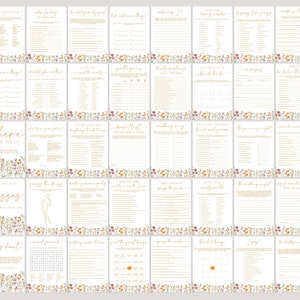 May include: A collection of printable bridal shower games on cream-colored cards. Each card features gold text and a floral border with orange, purple, and yellow flowers. Games include "Who Knows the Bride Best?" and "Bridal Bingo."