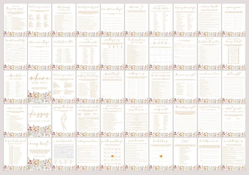 May include: A collection of printable bridal shower games on cream-colored cards. Each card features gold text and a floral border with orange, purple, and yellow flowers. Games include "Who Knows the Bride Best?" and "Bridal Bingo."